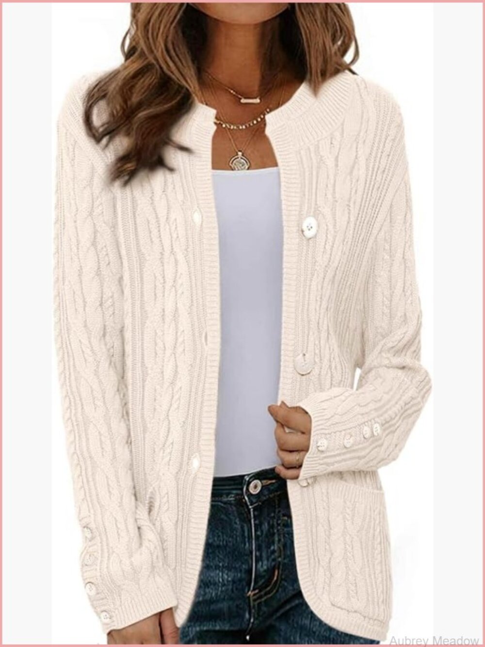 Cable Knit Cardigan Sweater Open Front Long Sleeve Button Down with Pockets